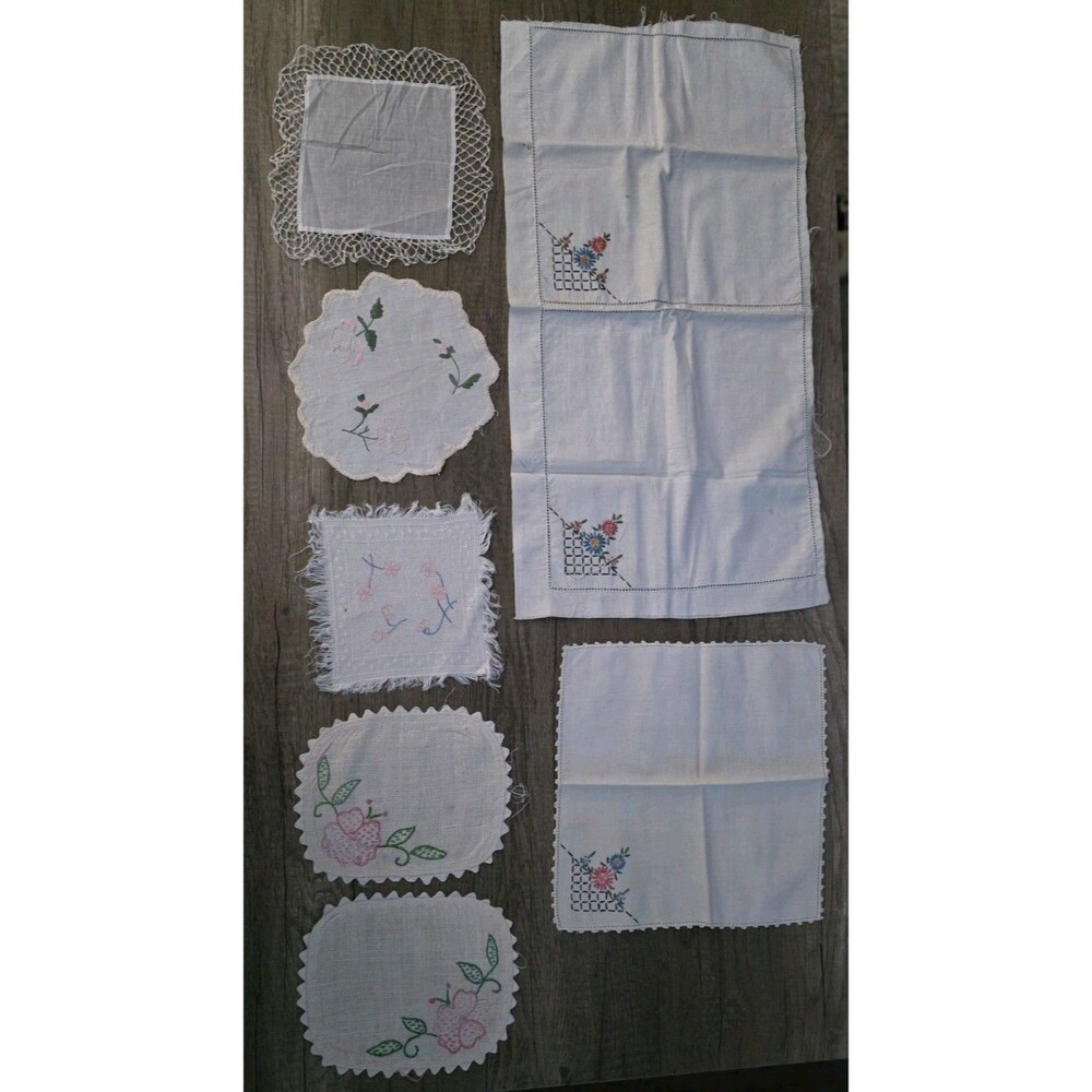 Vintage Hand Embroidered Linens Lot 7pc Doilies Floral Craft Junk Journal